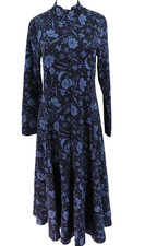Loft Midi Dress Women Large Blue Celestial Moon Floral Long Sleeve Mock Neck New