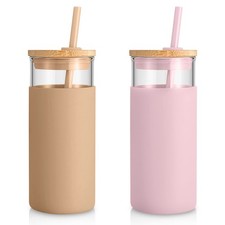20 oz Glass Tumbler with Lid and Straw, Iced Coffee Cup and Smoothie Cup with...