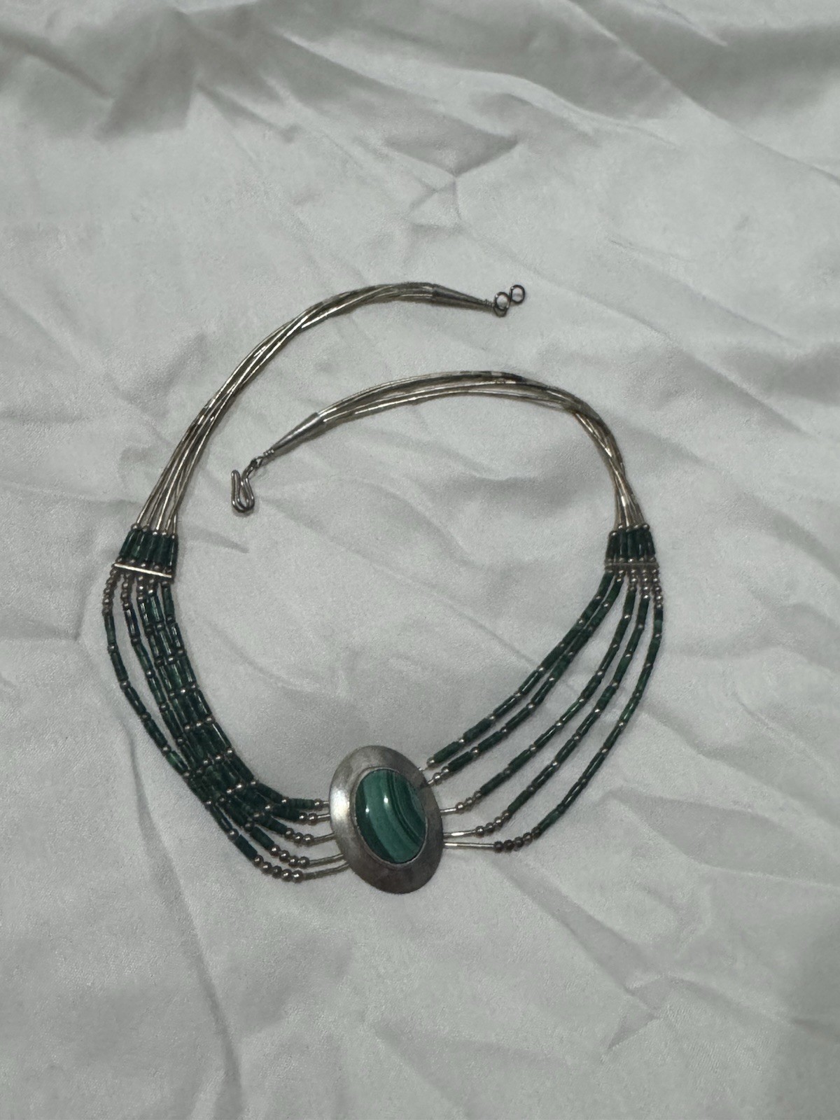 Sterling Silver Native American Indian Navajo Malachite Necklace 17.6g 15.5in