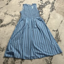 Loft Dress Womens Sz XLP Striped Poplin Smocked Bodice Midi Pocket Upstream Blue