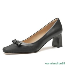 Elegant Women's Bowknot Block Heels Shoes Square Toe Slip on Office Dress Pumps