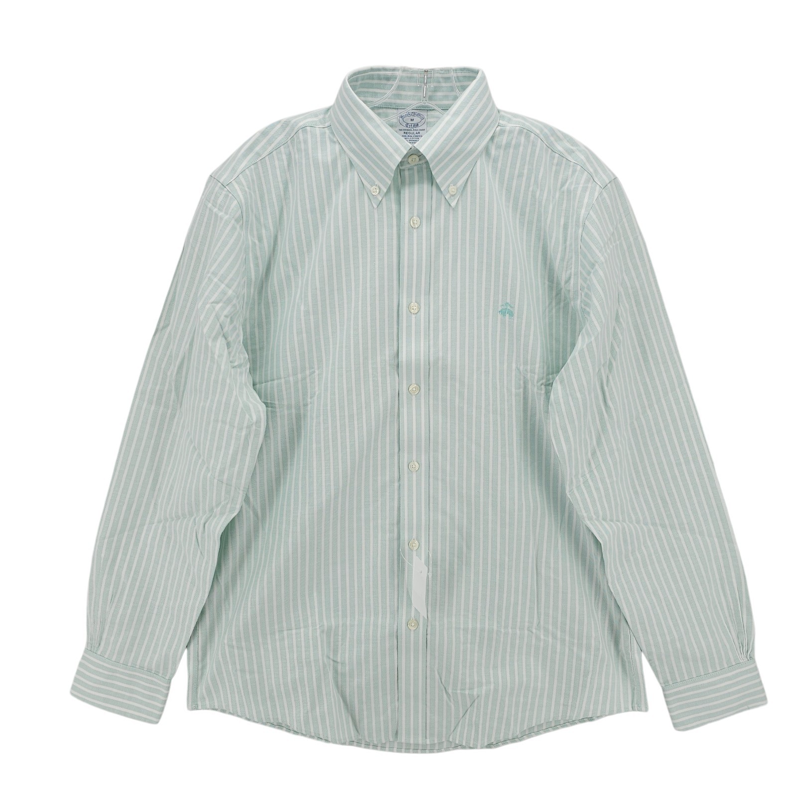 NWT BROOKS BROTHERS Oxford Shirt Non-Iron Stretch Turqoise Aqua Striped MEDIUM thumbnail 2
