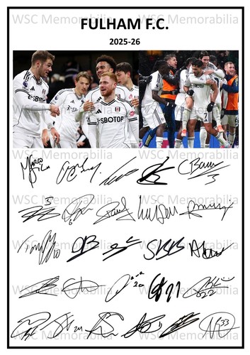 12205. 2025-26 Fulham Signed Team Photo Sheet (PRINTED AUTOGRAPH - A4)