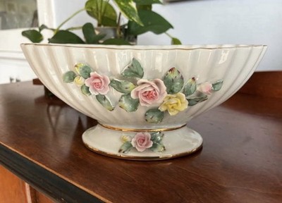 Vintage White Porcelain Pedestal Planter Gold Scallloped Edge Pastel Floral 