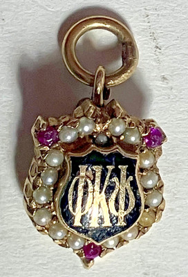 Antique 10k Gold Phi Kappa Psi Fraternity Pin Charm, Seed Pearls, Ruby, 2.6g
