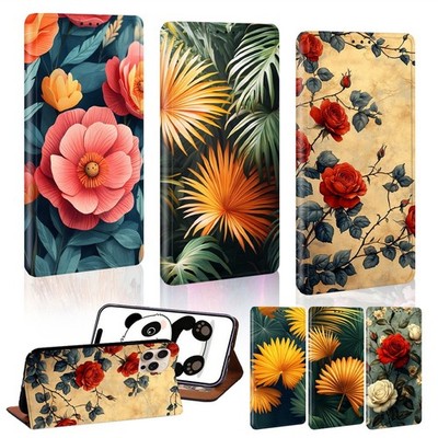 Exotisches Blattmuster PU Leder Brieftasche Buch Cover passt allen Apple iPhone 15 16 17