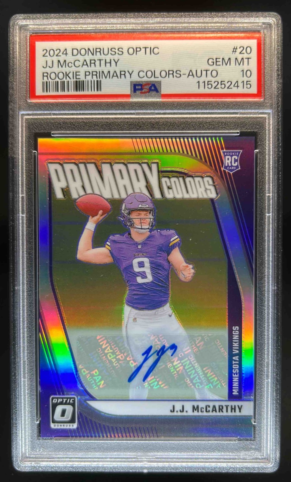 JJ McCarthy Panini Donruss Optic Rookie Primary Colors #20 Autograph