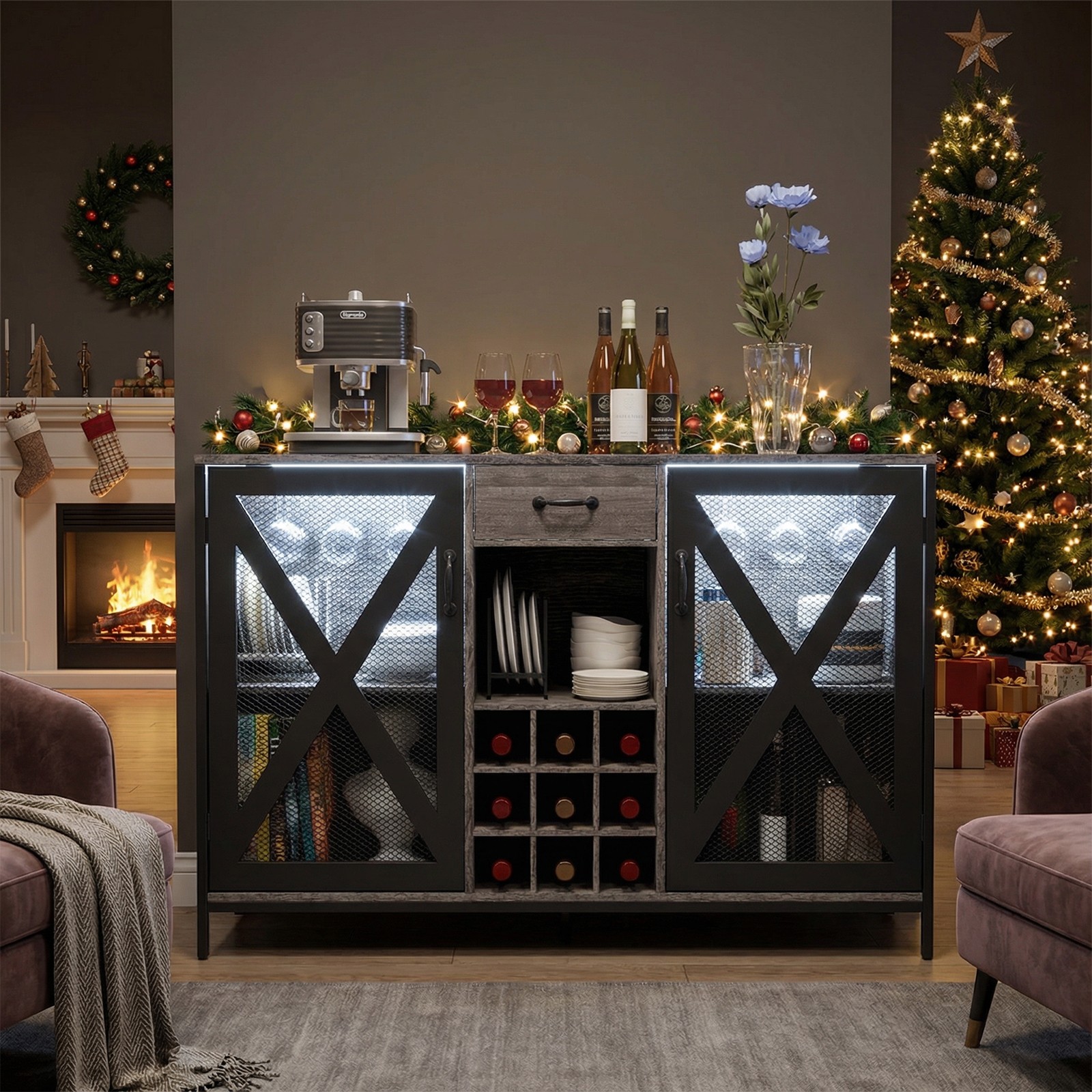 Wooden Wine Cabinet, Vintage Wood Bar Storage Cabinet+Drawer Wine Bottle Display