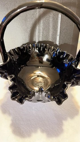 VTG FENTON Glass Basket, Thumbprint Pattern Fenton Deep Black no Flaws 8” , 8.5”