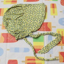 Handmade Infant Girl 0-9M Yellow Prairie Bonnet Hat With Blue Flowers EUC 