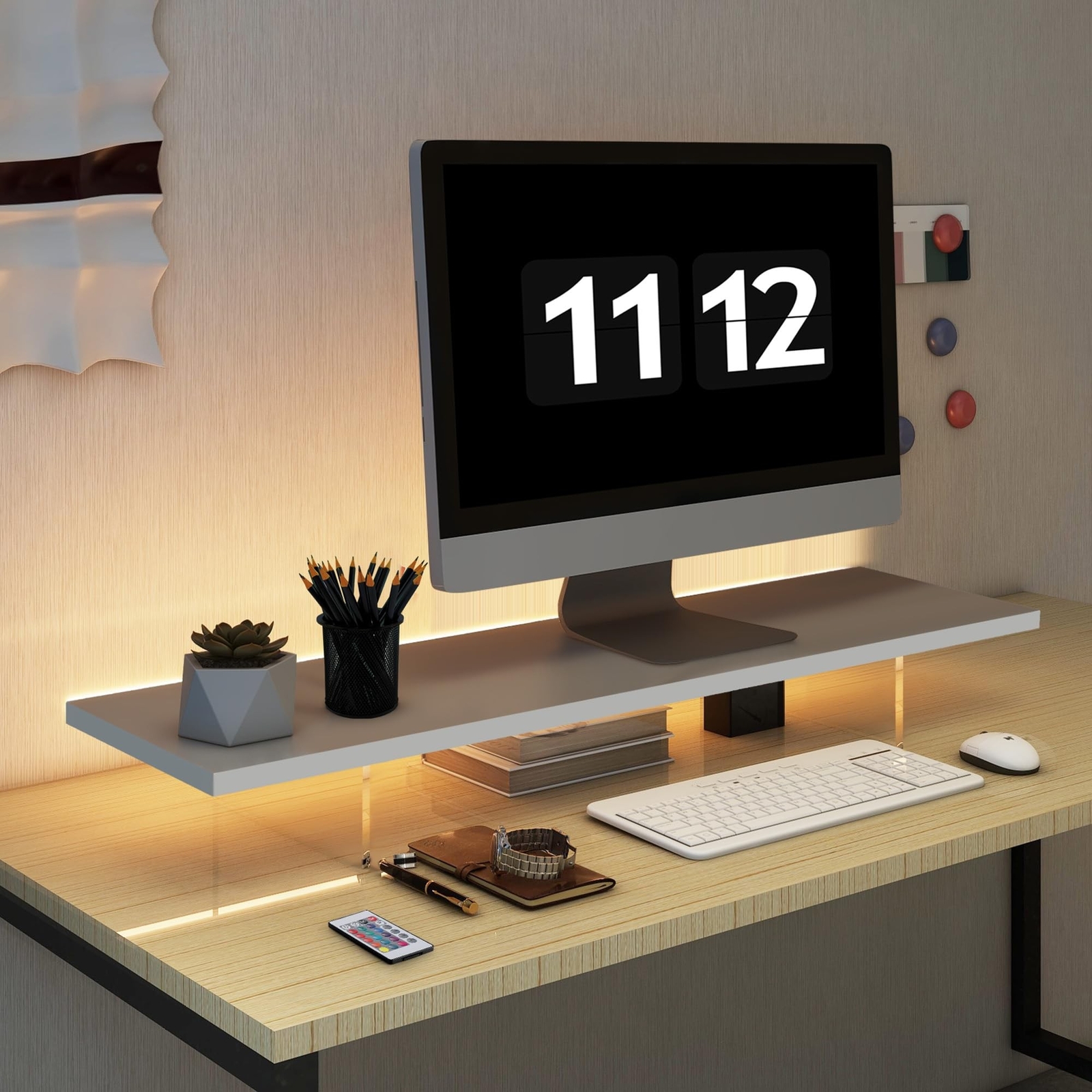 Wood & Acrylic Monitor Stand Riser with LED Light for Desk Organization-image