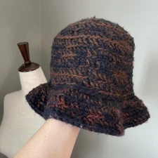 True Vintage 90s Handmade Crocheted Yarn Grandma Knitted Bucket Hat Brown