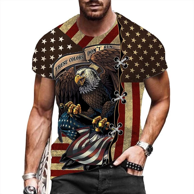 Camiseta Hombre Manga Corta Bandera Estadounidense Águila Moda Estampado Gráfico