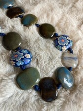 Large Handmade Ceramic Polymer Beads Necklace Floral Blue Brown White Gray 20