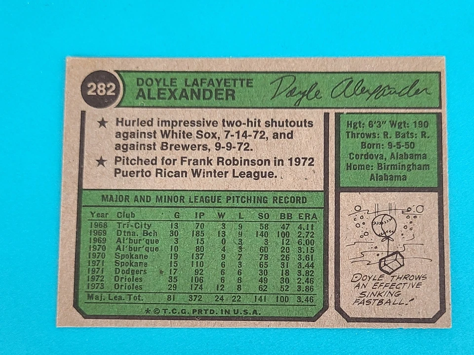 1974 Topps #282 Doyle Alexander Baltimore Orioles BASEBALL Card D9 - Image 2 of 2