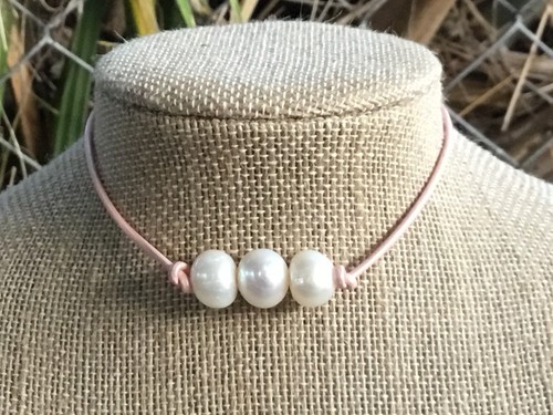 Triple Pearl Leather Choker, Leather and Pearl Choker Necklace w/Gift Bag - Picture 152 of 180