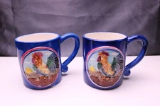 Vintage 1995 Cracker Barrel Blue 3D Rooster 2 Coffee Cups Mug 4 " Tall