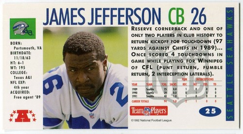1992 GameDay #25 James Jefferson Seattle Seahawks - Foto 2 di 2