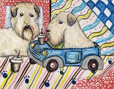 Soft Coated Wheaten Terrier Dog Art Print 8.5x11 Signed Artist KSams Car Coffee