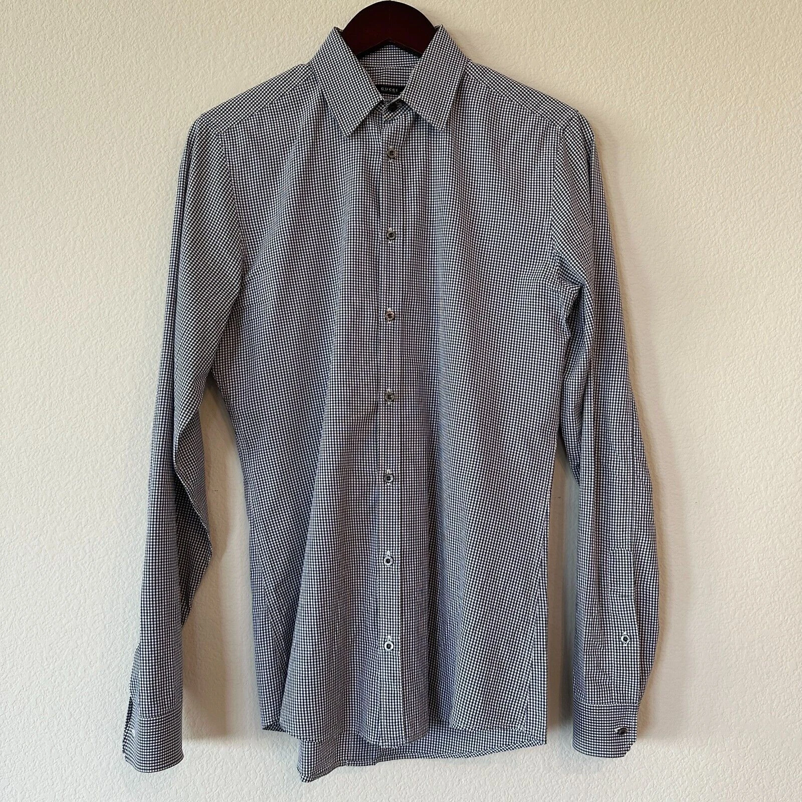 Chemise habillée homme Gucci bleu marine/blanc motif carreaux slim taille 15 (US) 38 (EU)