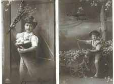 2 postcard old postcard Happy Easter boys flowers