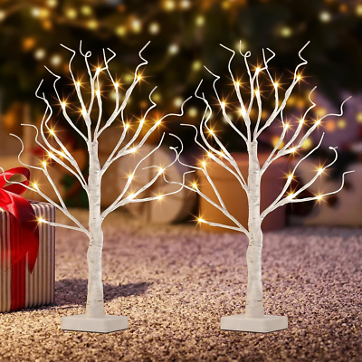 Tabletop Christmas Tree, White Birch Tree with LED Lights- Set of