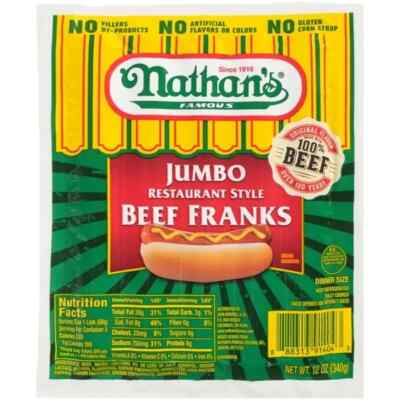 NATHAN'S FRANKS HOT DOGS WIENERS JUMBO BEEF RESTAURANT STYLE 12 OZ PACK OF 3