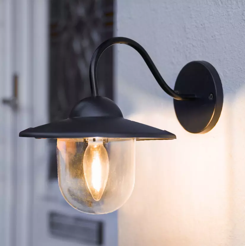 Solar Wall Light Lantern Black Glass Diffuser External Patio Outdoor Exterior