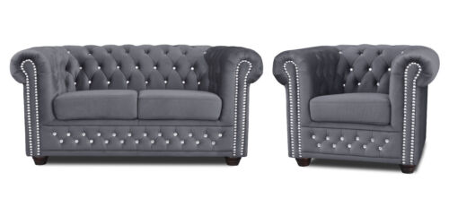CHESTERFIELD SET 1+2+3 SITZER SESSEL SOFA STOFF GRAPHIT KRISTALSTEINE BÜROMÖBEL - Bild 6 von 27