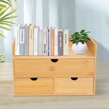 Bamboo Desk Organizer with 3 Drawers Tabletop Cosmetic Storage Simple Design NEW