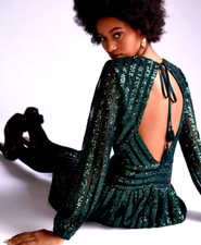 Anthropologie Green Sequined Open-Back Mini Dress 6 NWT Sequin Holiday Festive