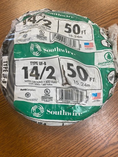 NEW Southwire Outdoor Wire Copper Gray Type UF-B 14/2 AWG 600V 50-Ft