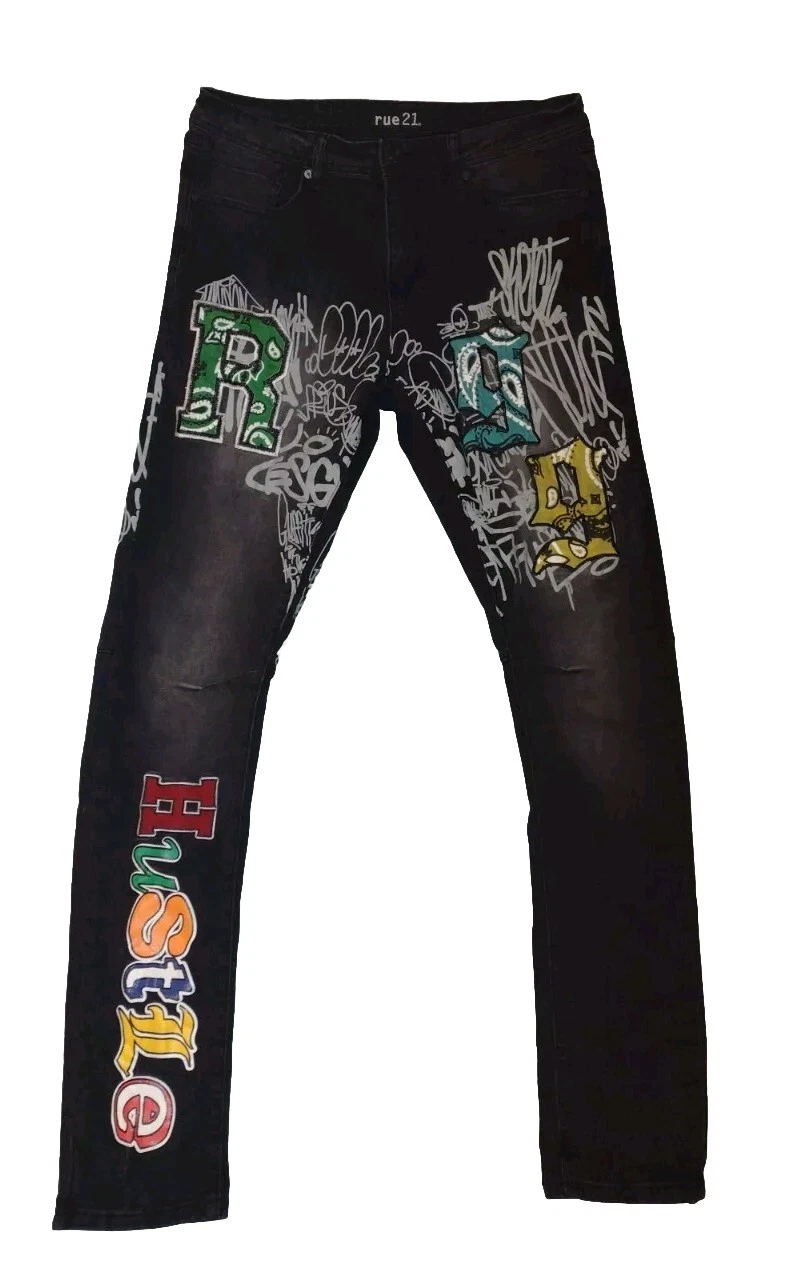 Jean graffiti homme Rue21 34X34 skinny noir arc suprême flex peinture imprimé hip hop
