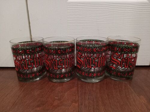 Set Of 4 VTG Houze Seasons Greeting Stained Glass Tumblers Gold Rim Low Ball - Picture 4 of 8