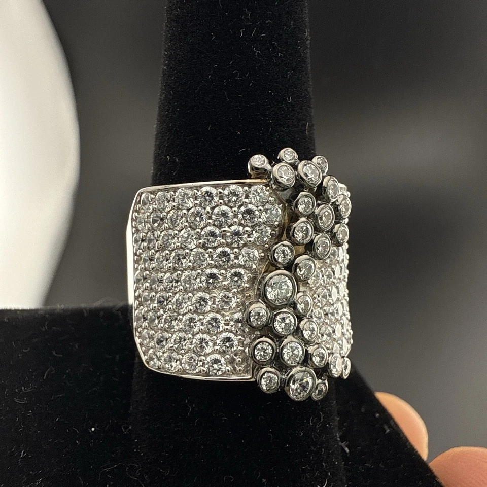 Sonia B Bitton Ring Sterling Silver CZ  Pave Clear Lunette Sz 9.5-10 Statement - Image 4 of 4