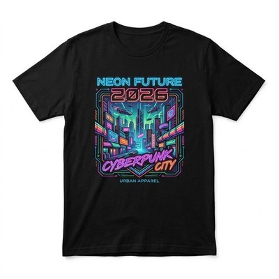 Neon Future 2026 Cyberpunk City T-Shirt Retro Futuristic Sci-Fi Synthwave Tee Bl