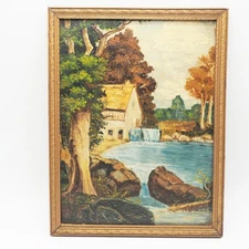 Original Acrylic Painting Forest Cottage Mill Landscape Framed