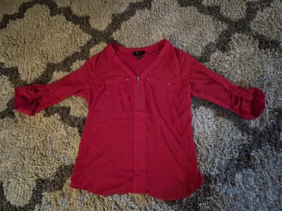 BCX Women's Red V-Neck Zip-Front Roll-Tab Sleeve Blouse Size Medium 