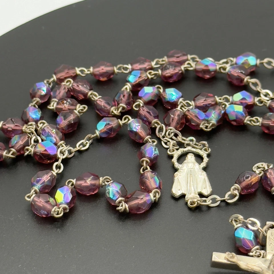 Cuentas Rosario Cristal Aurora Boreal Púrpura Amatista De Colección María Católica Foto 3 de 4