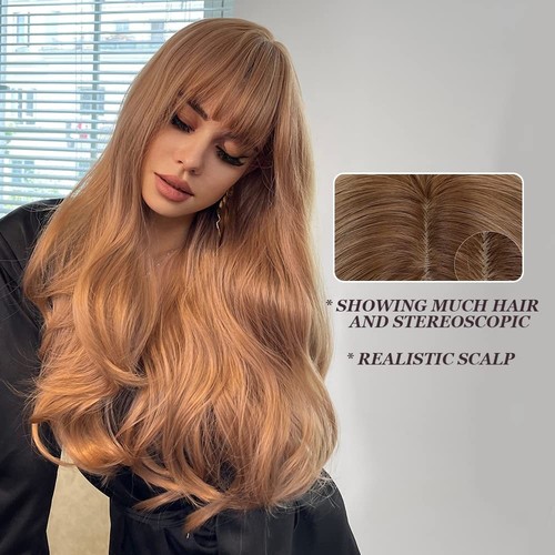 Long Wavy Strawberry Blonde Wig with Bangs for Women Natural Synthetic Hair H... - Picture 2 of 9