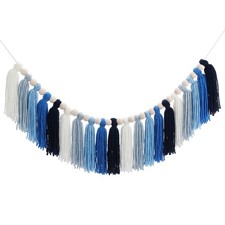 Yarn Tassel Garland with Wood Beads, 3.7ft Cotton Tassel Banner, Blue Tone