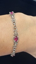 925 Sterling Silver Ruby Bracelet 7.5” Floral Link Bracelet Gemstone Jewelry