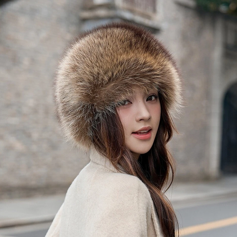 Women's Real Natural Brown Raccoon Fur Hat Round Ski Cap Elastic Beanie Earlaps - Image 3 of 4