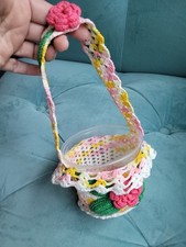 Vintage Handmade Crochet Basket w Pink Roses