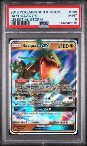 2018 POKEMON SUN & MOON CELESTIAL STORM #109 RAYQUAZA GX PSA 9