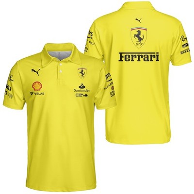 Custom Name Men's Ferrari Logo 3D Yellow Polo Shirt Gifts - All Size