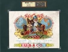 RARE Old Original U.S. & CO. Sample Cigar Label - UNCLE SAM - EAGLE - GLOBES