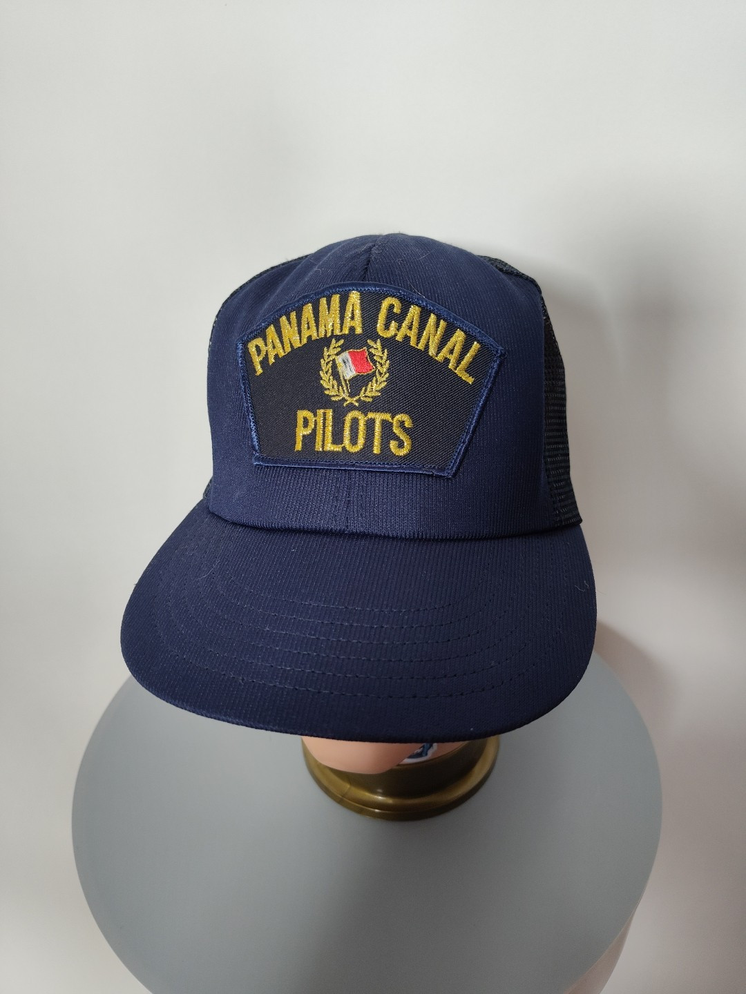 Vintage Panama Canal Pilots Trucker Hat CARDINAL Made in USA Navy Blue