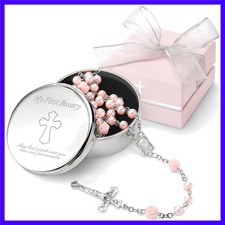 Baptism Gifts for Girl - My First Rosary with Silver-Plated Keepsake Box, Cat...