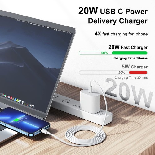 20W USB-C Fast Charger with 6Ft Cable for iPhone 14/13/12/11/Pro/Max/Xr/Xs/8 - 第 3/7 張圖片
